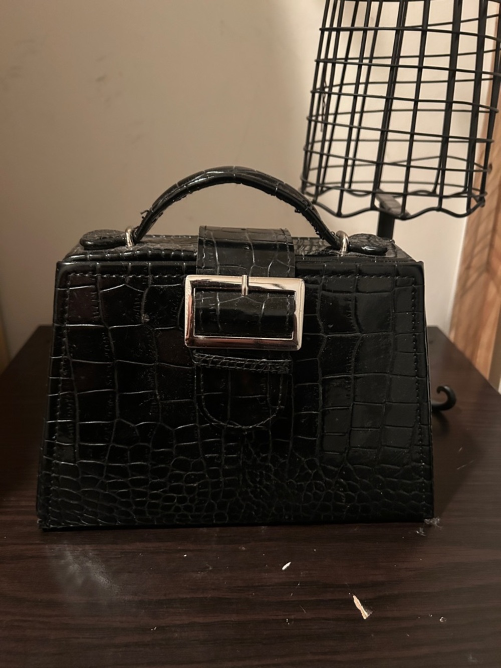 Structured Black Croc-Embossed Satchel with Silver Buckle